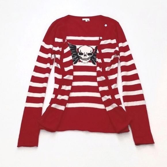 *Relisted* Cashmere & Silk Red White Stripe Long Sleeve Cardigan Skull on Back S - Picture 3 of 14